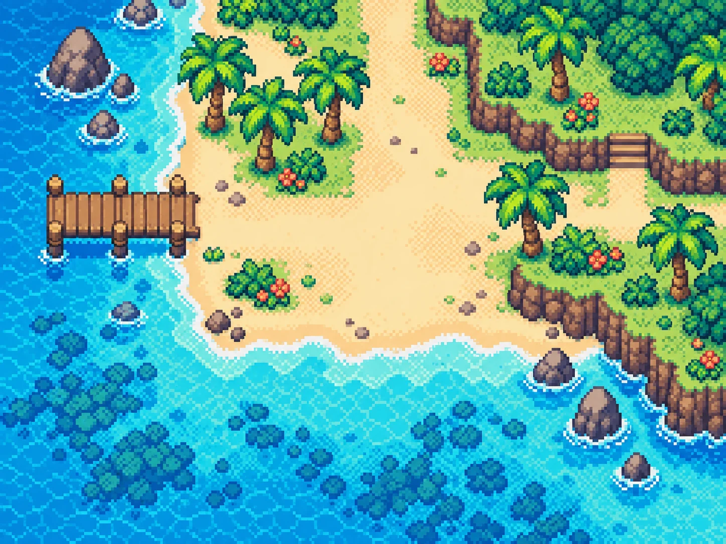 Original pixel-art tropical island with a beach, palm trees, and a dock